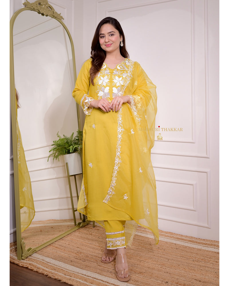 Yellow Chanderi Threadwork Suit