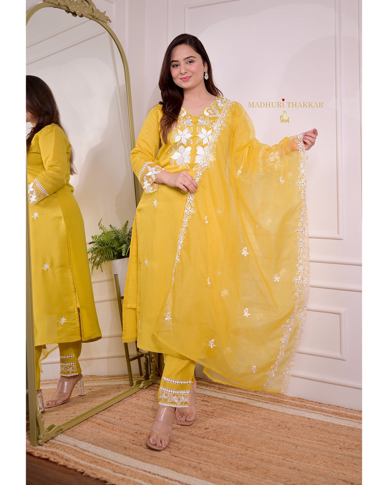 Yellow Chanderi Threadwork Suit