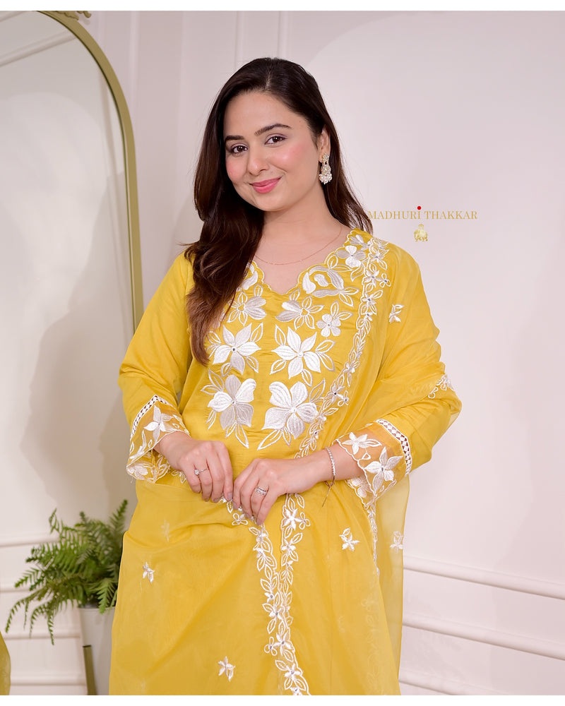 Yellow Chanderi Threadwork Suit