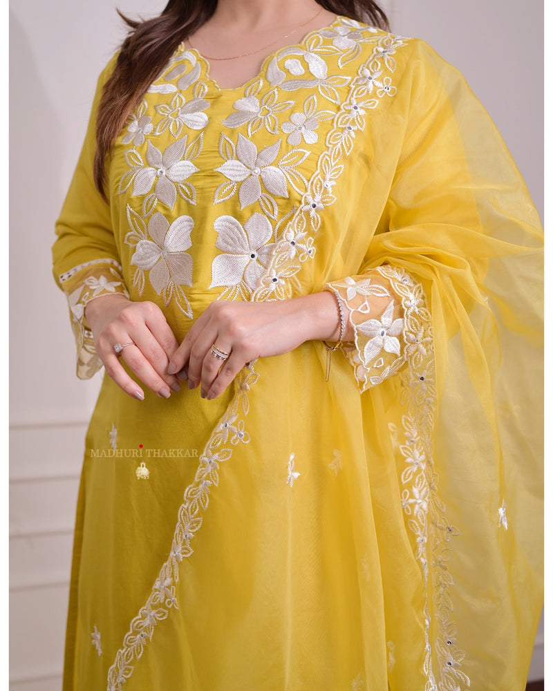 Yellow Chanderi Threadwork Suit