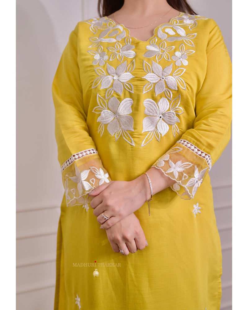 Yellow Chanderi Threadwork Suit