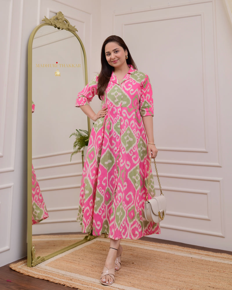 Pink Green Baroque Cotton A Line Dress