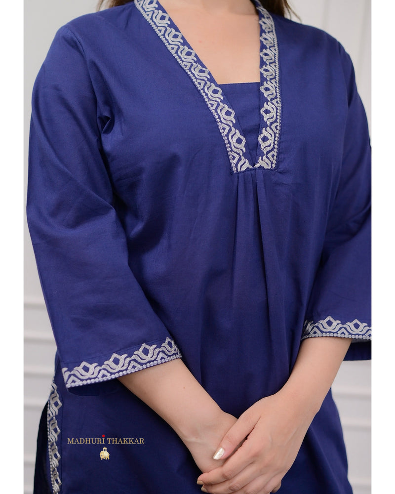 Navy Blue Threadwork Cotton Kurta Set