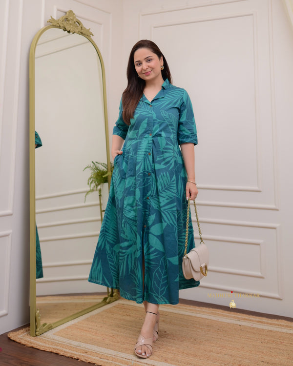 Rama Green Leaf Cotton A Line Dress