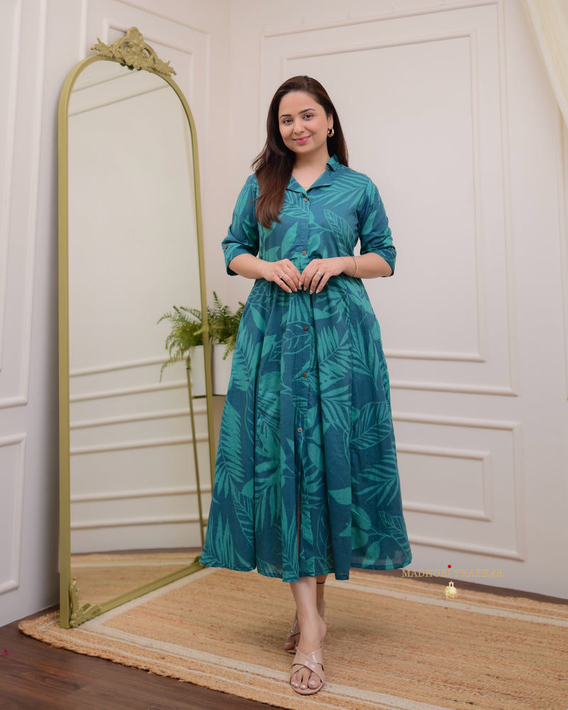 Rama Green Leaf Cotton A Line Dress