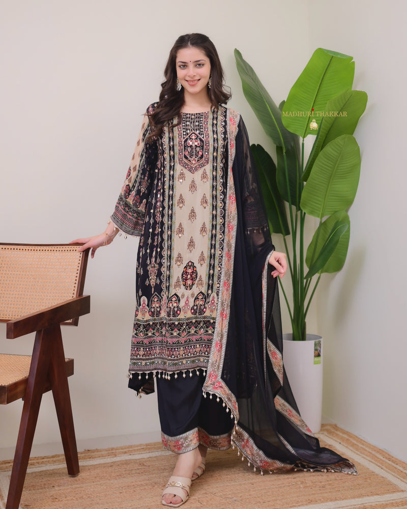 Black Crepe Handwork A Line Festive Suit