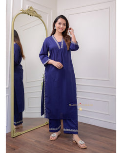 Navy Blue Threadwork Cotton Kurta Set