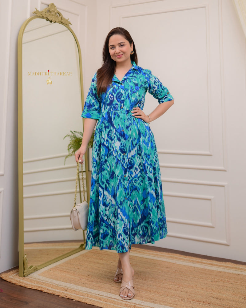 Green Blue Ikat Cotton A Line Dress