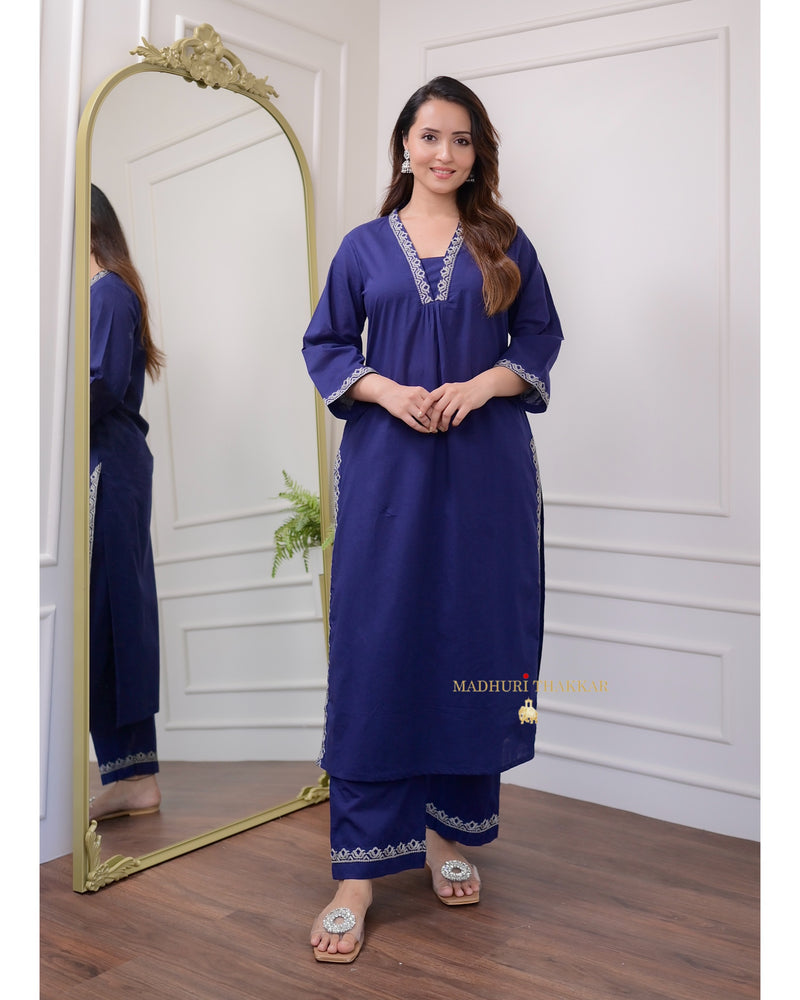 Navy Blue Threadwork Cotton Kurta Set