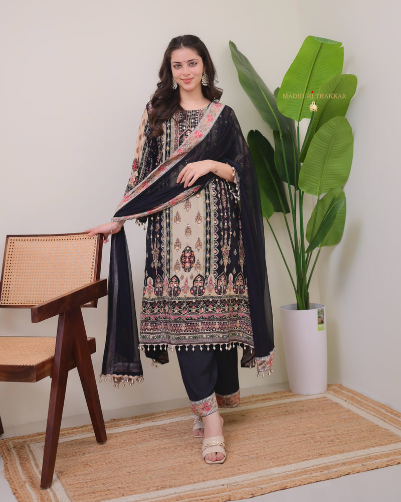 Black Crepe Handwork A Line Festive Suit