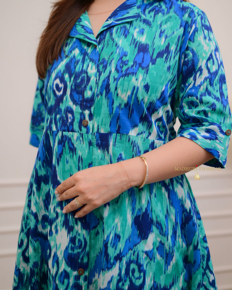 Green Blue Ikat Cotton A Line Dress