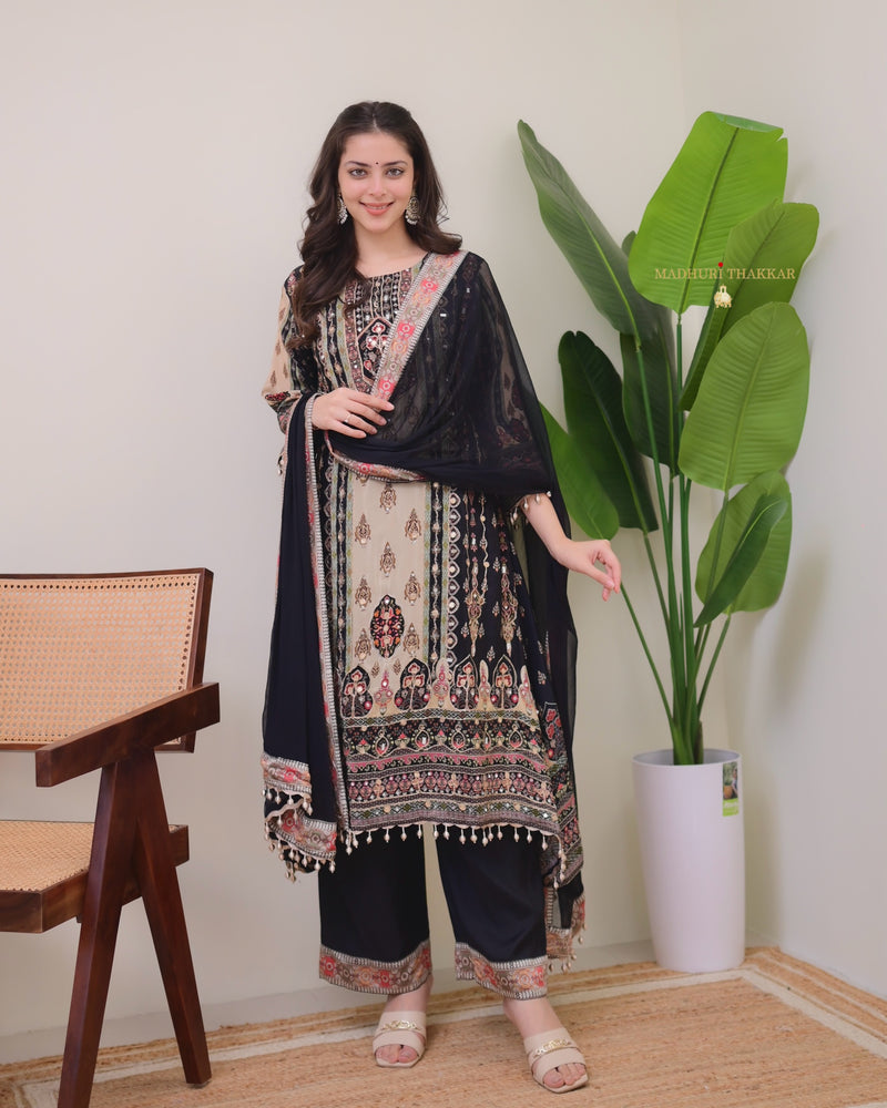 Black Crepe Handwork A Line Festive Suit