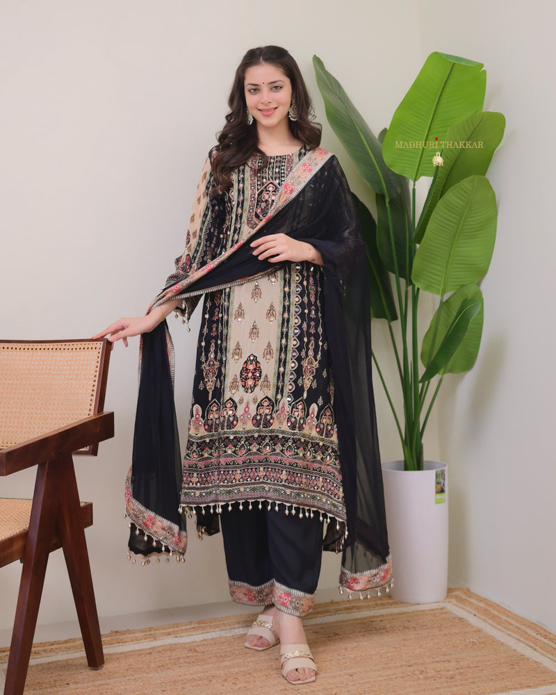 Black Crepe Handwork A Line Festive Suit