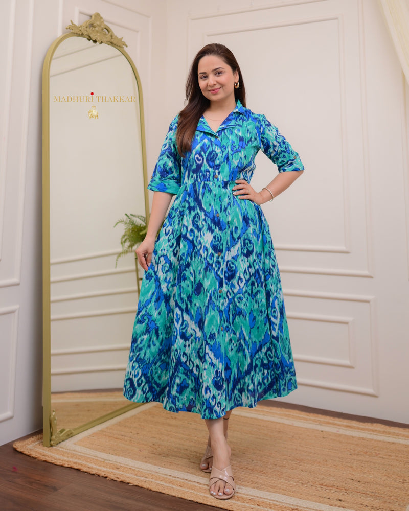 Green Blue Ikat Cotton A Line Dress