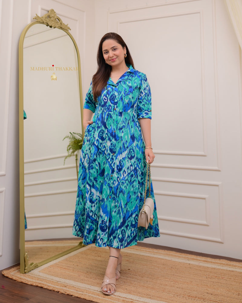 Green Blue Ikat Cotton A Line Dress