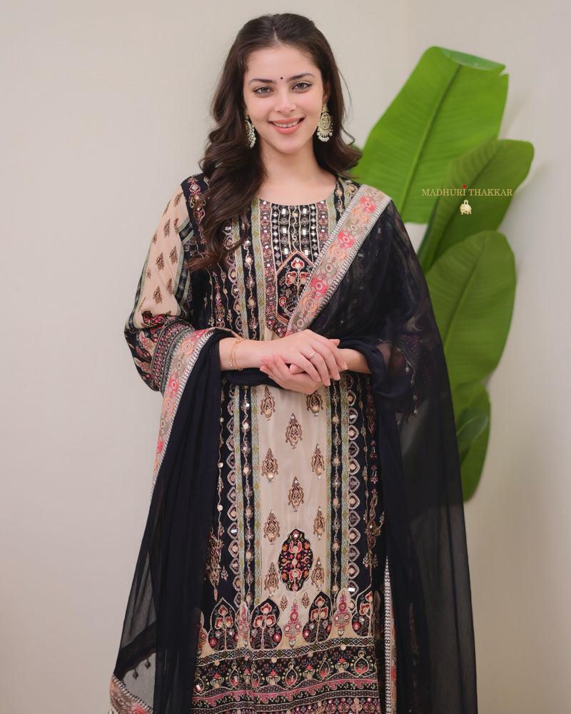 Black Crepe Handwork A Line Festive Suit