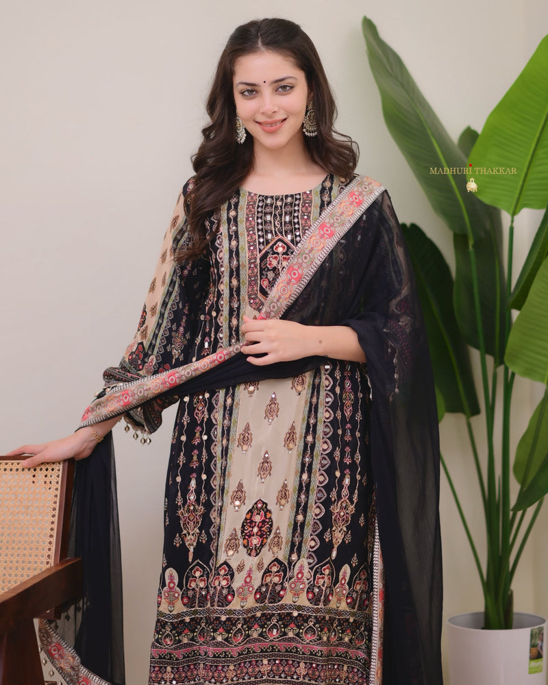 Black Crepe Handwork A Line Festive Suit