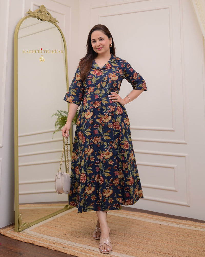 Navy Blue Maroon Floral Cotton A Line Dress