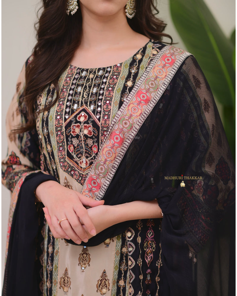 Black Crepe Handwork A Line Festive Suit