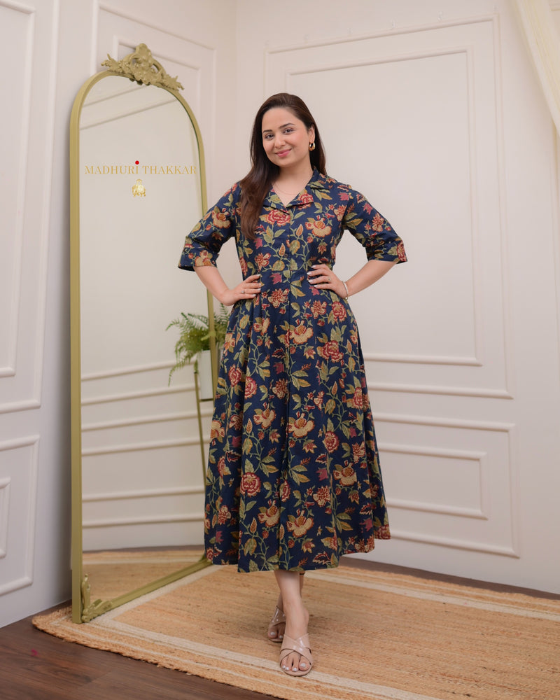 Navy Blue Maroon Floral Cotton A Line Dress