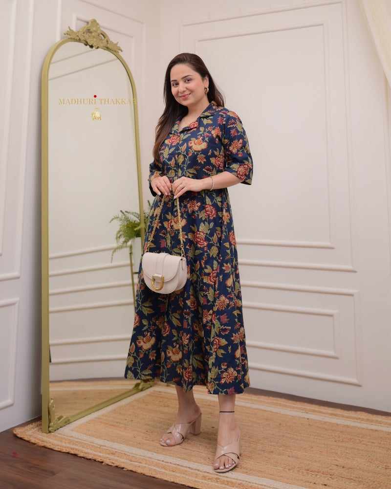 Navy Blue Maroon Floral Cotton A Line Dress