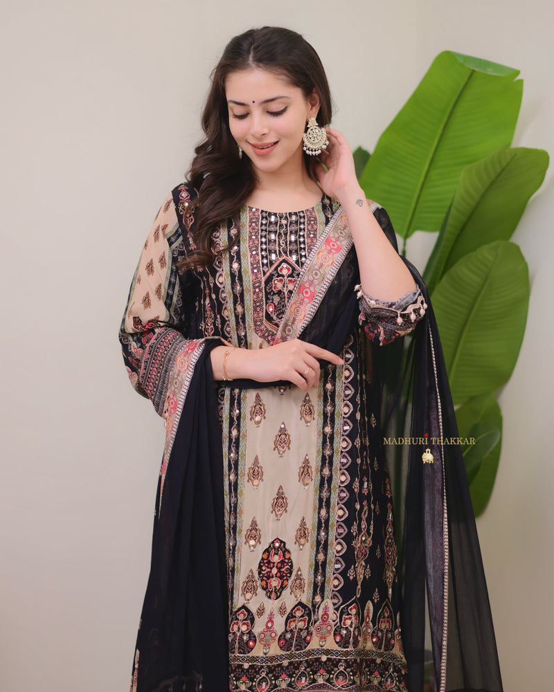 Black Crepe Handwork A Line Festive Suit