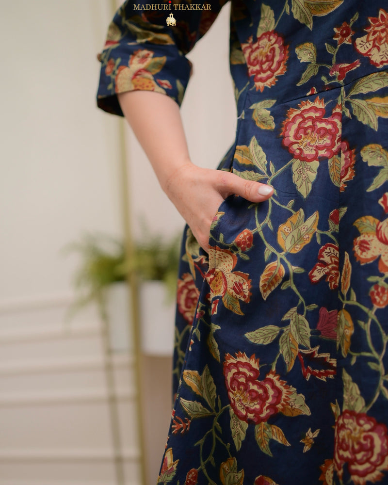 Navy Blue Maroon Floral Cotton A Line Dress