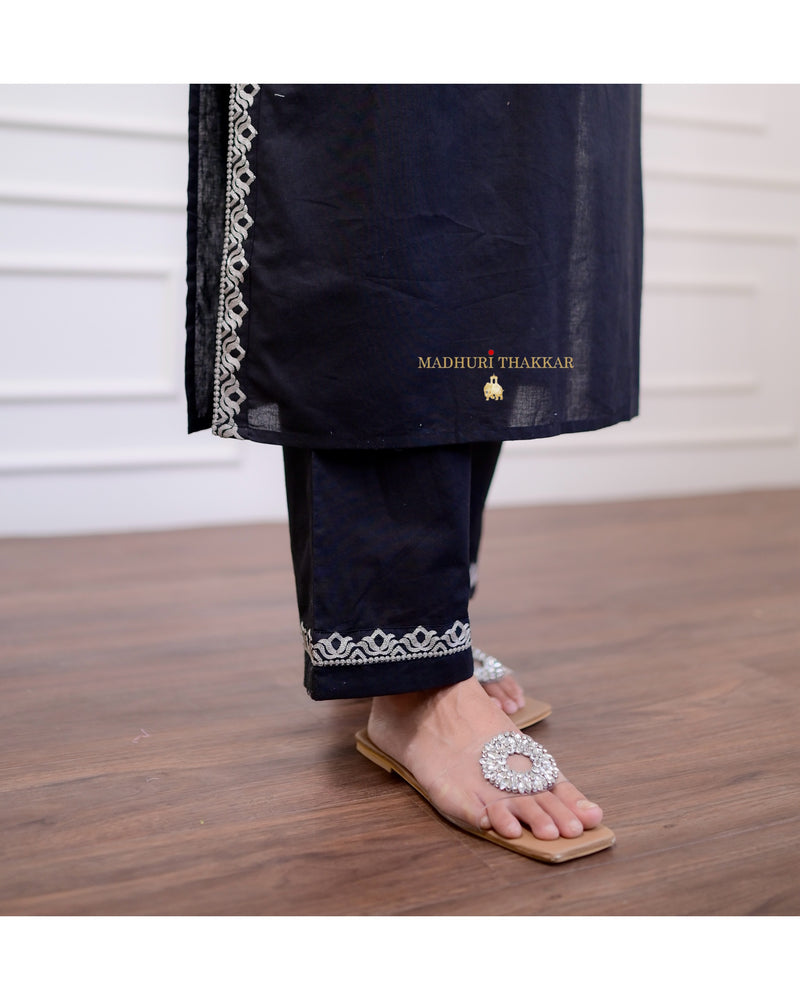 Black Threadwork Cotton Kurta Set