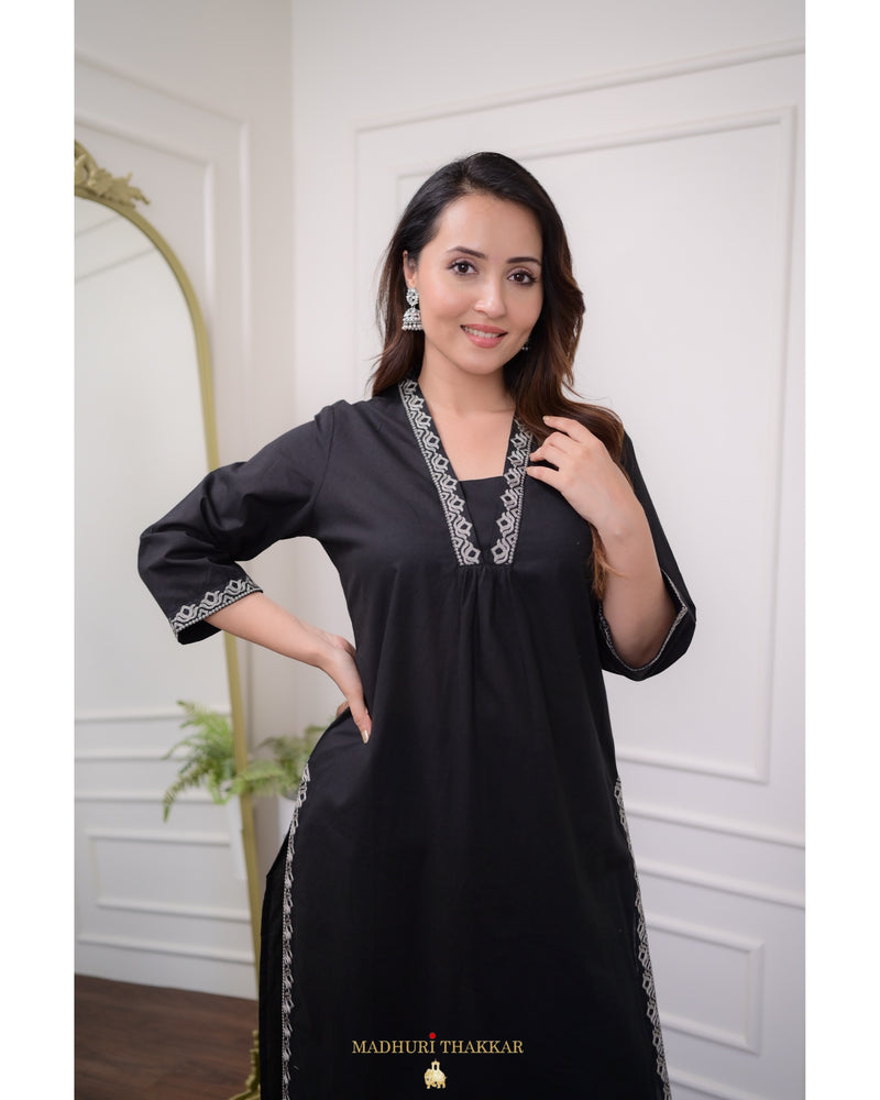 Black Threadwork Cotton Kurta Set