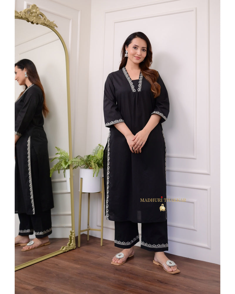 Black Threadwork Cotton Kurta Set