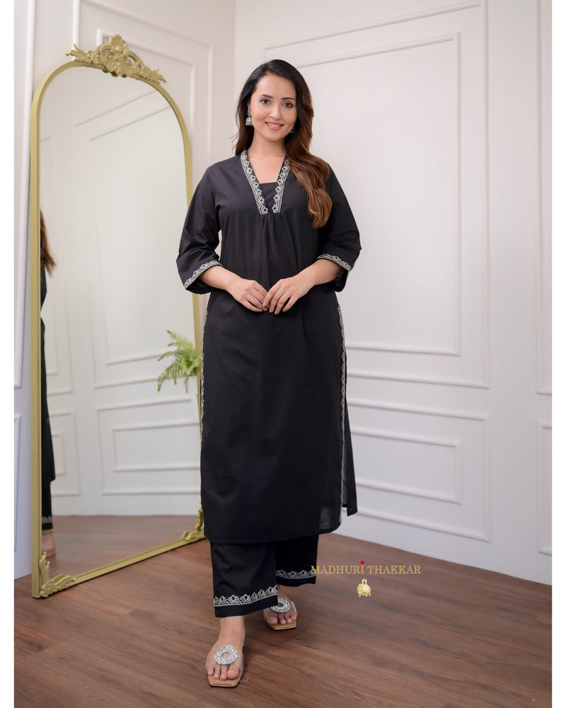 Black Threadwork Cotton Kurta Set