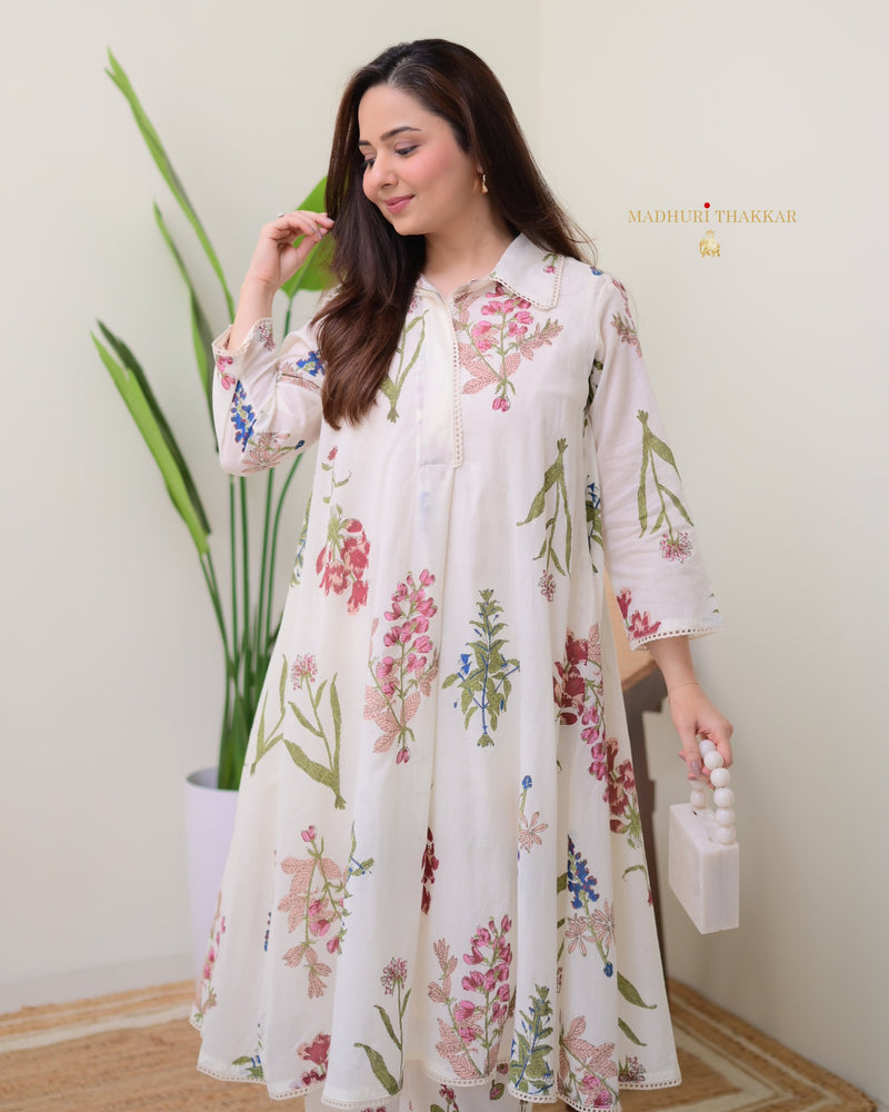 Ivory Mul Cotton Minimal Floral A Line Kurta Set