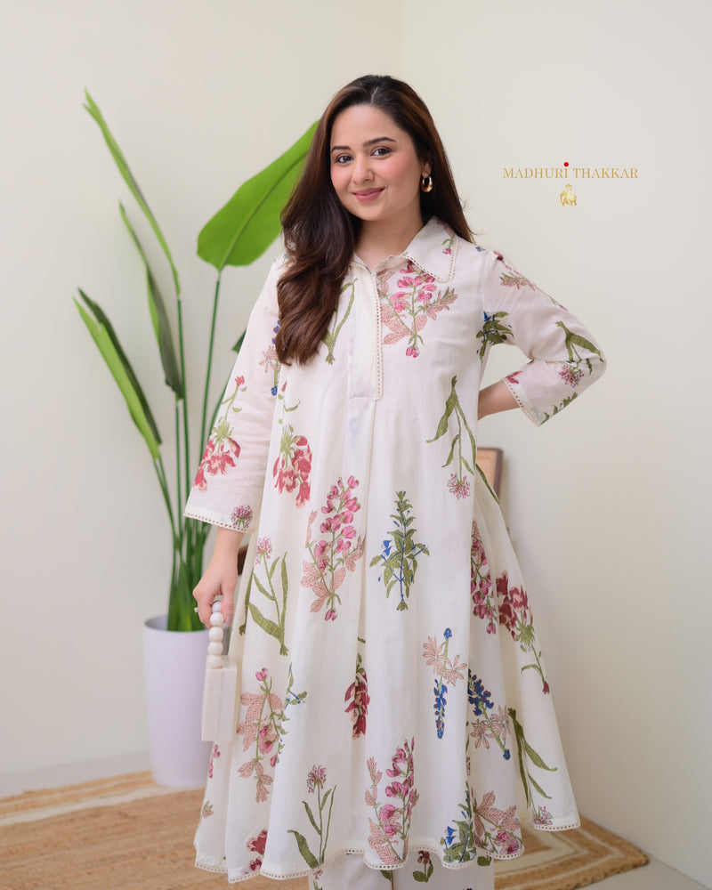 Ivory Mul Cotton Minimal Floral A Line Kurta Set