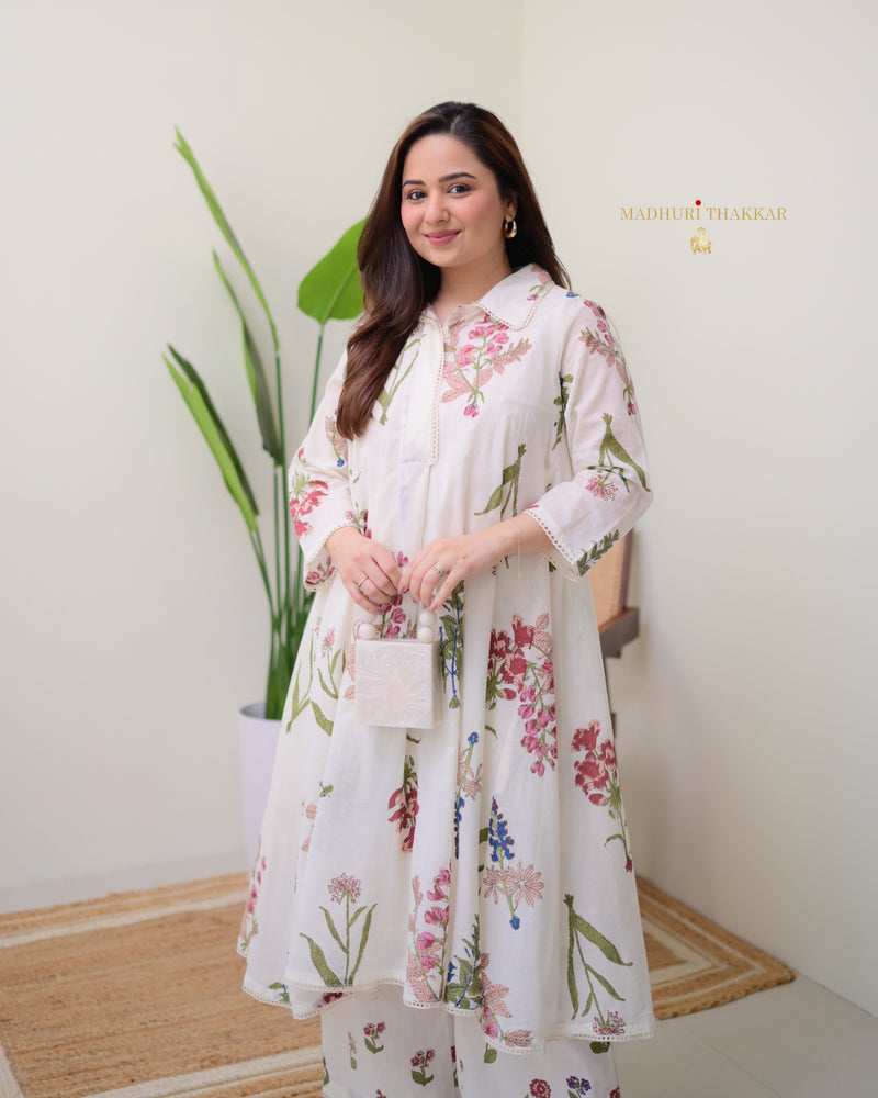 Ivory Mul Cotton Minimal Floral A Line Kurta Set