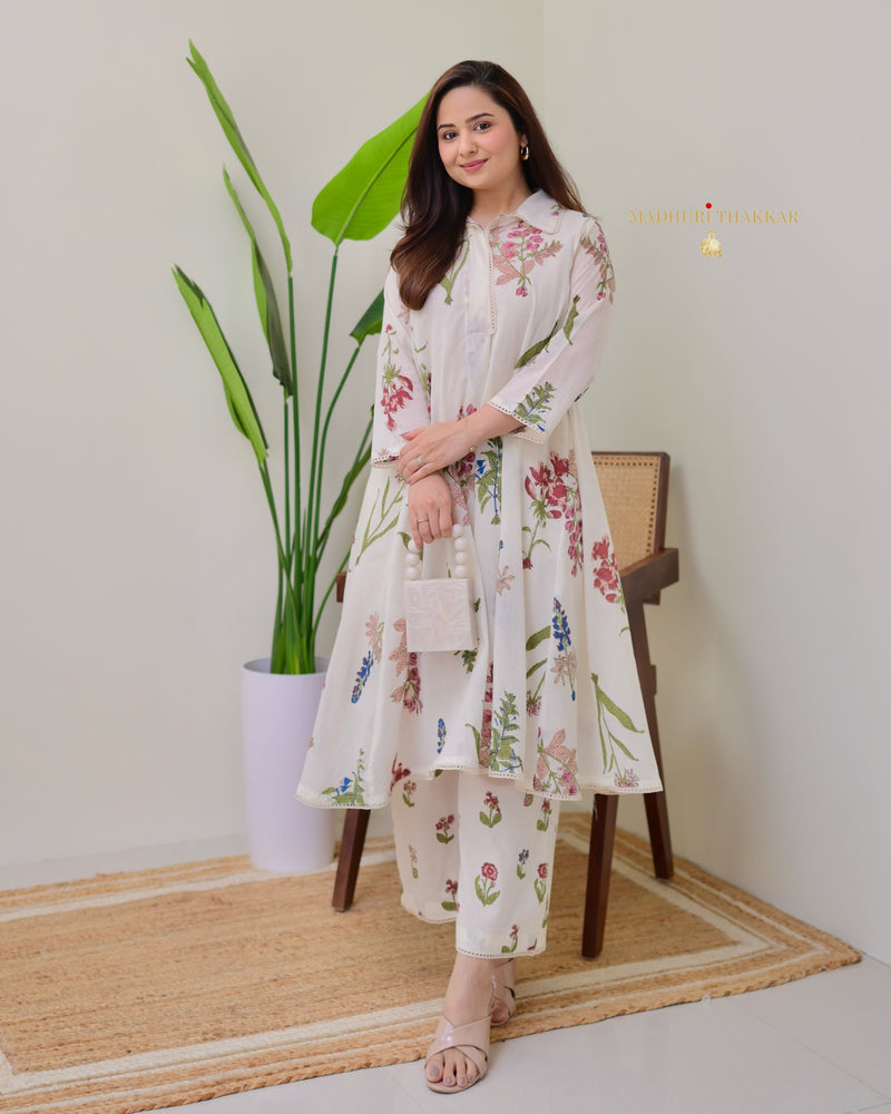 Ivory Mul Cotton Minimal Floral A Line Kurta Set