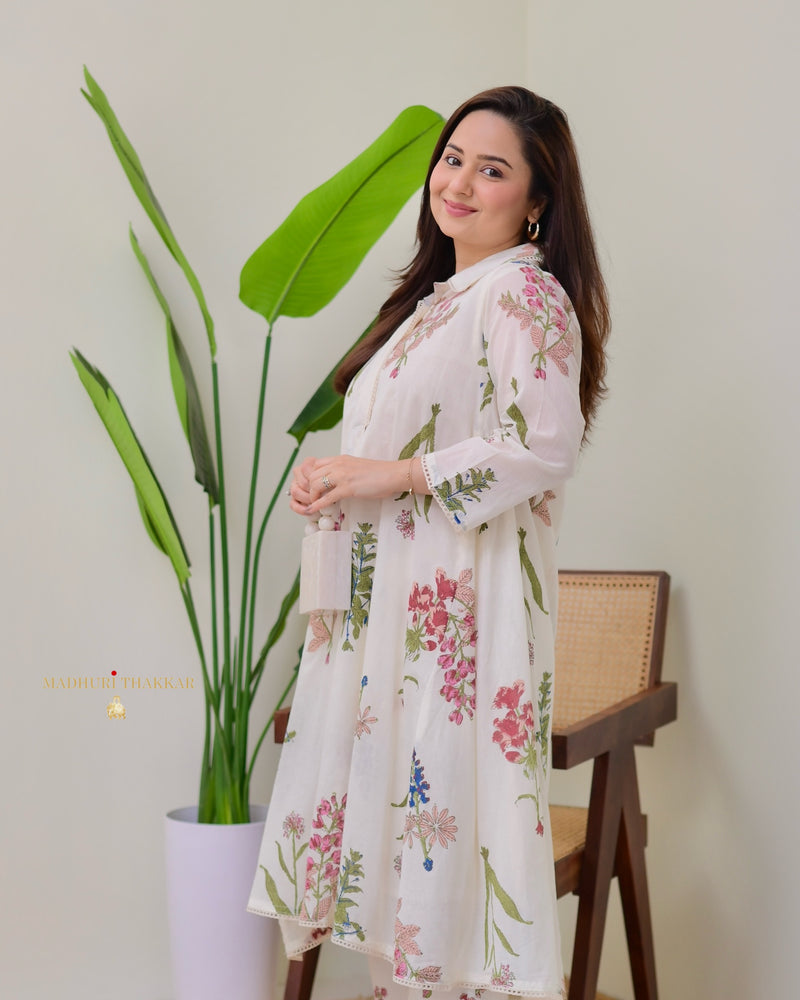 Ivory Mul Cotton Minimal Floral A Line Kurta Set