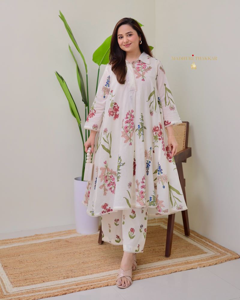 Ivory Mul Cotton Minimal Floral A Line Kurta Set