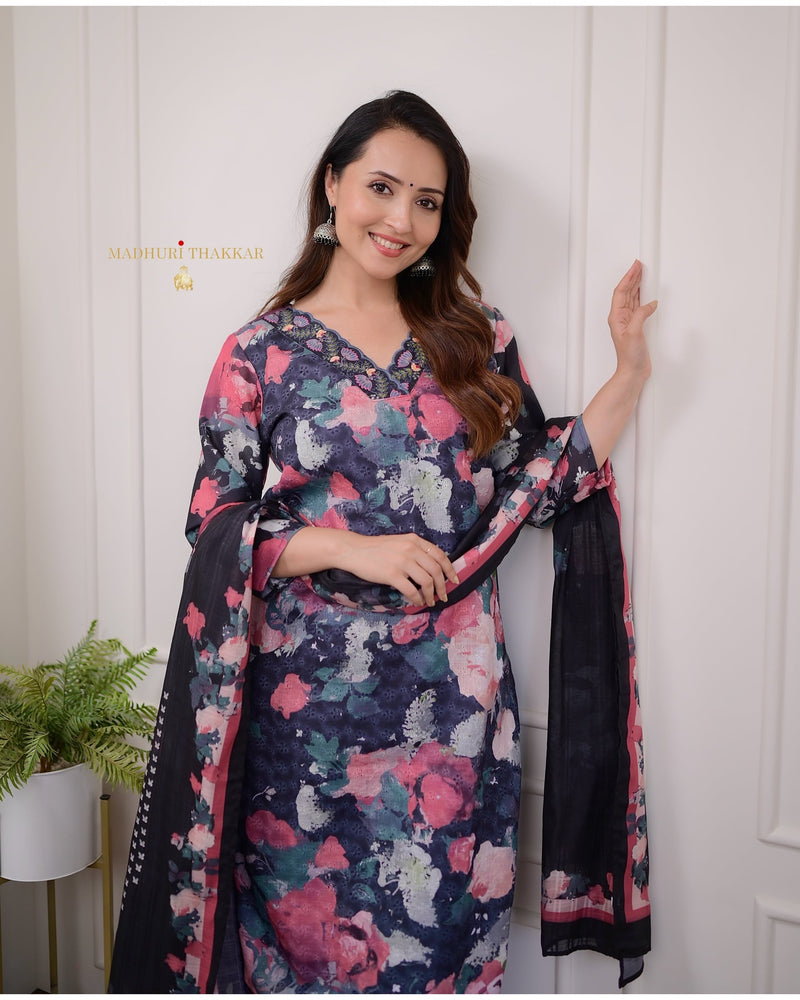 Black Floral Schiffli Cotton Suit