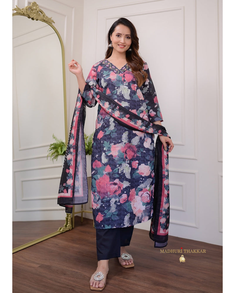 Black Floral Schiffli Cotton Suit