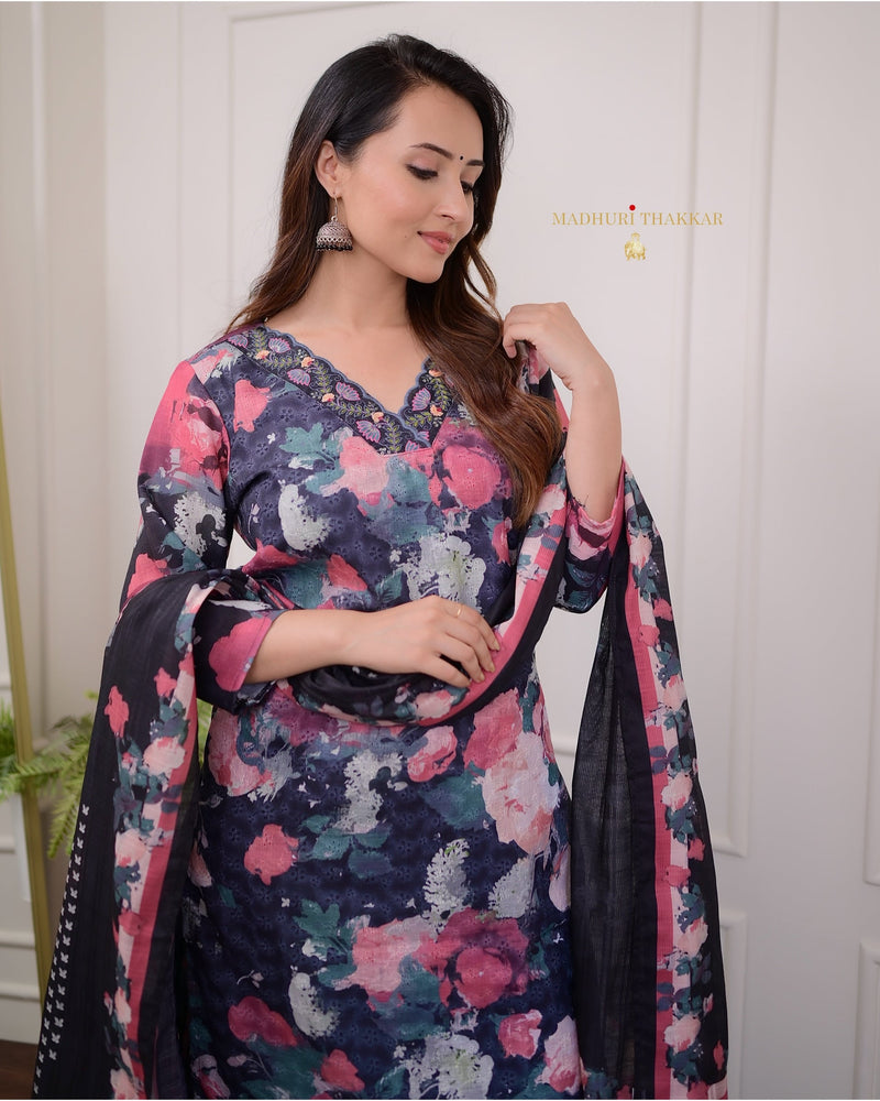 Black Floral Schiffli Cotton Suit