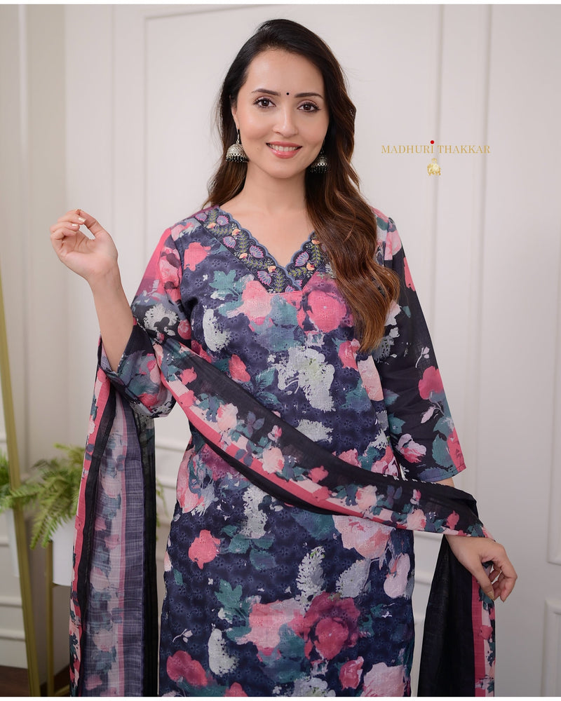 Black Floral Schiffli Cotton Suit