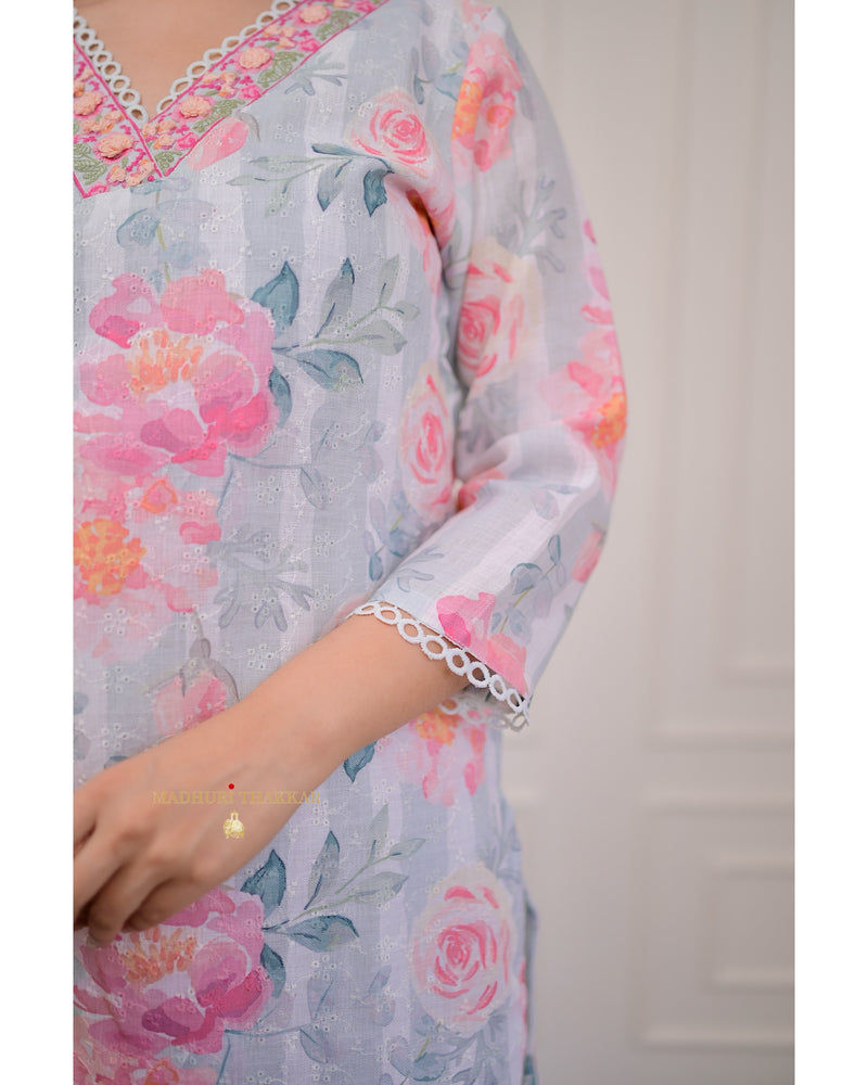 Grey Pink Rose Schiffli Cotton Suit