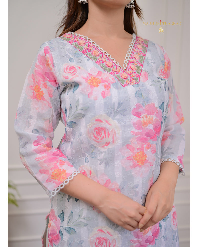 Grey Pink Rose Schiffli Cotton Suit