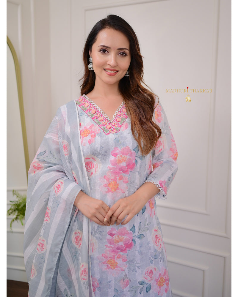 Grey Pink Rose Schiffli Cotton Suit