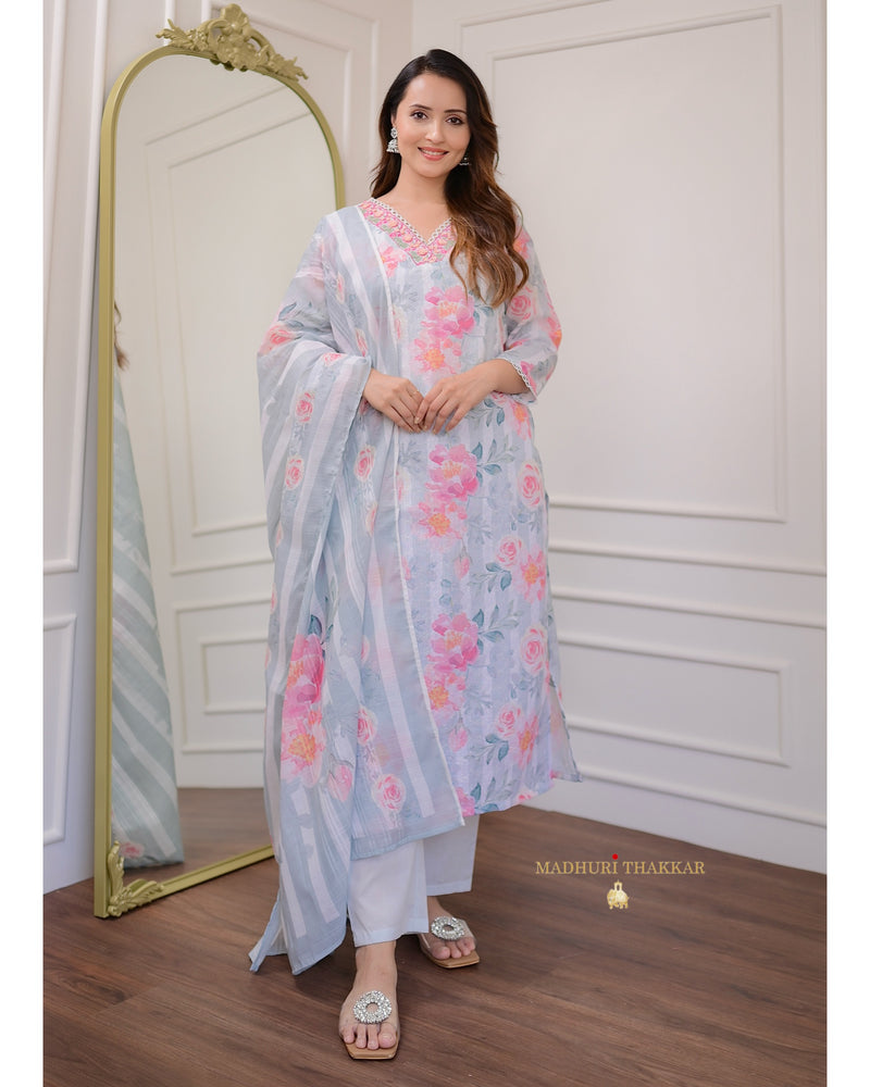 Grey Pink Rose Schiffli Cotton Suit