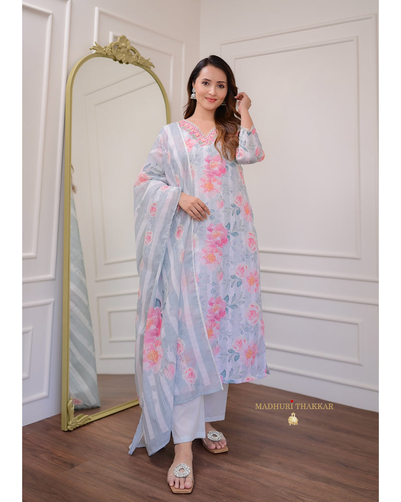 Grey Pink Rose Schiffli Cotton Suit