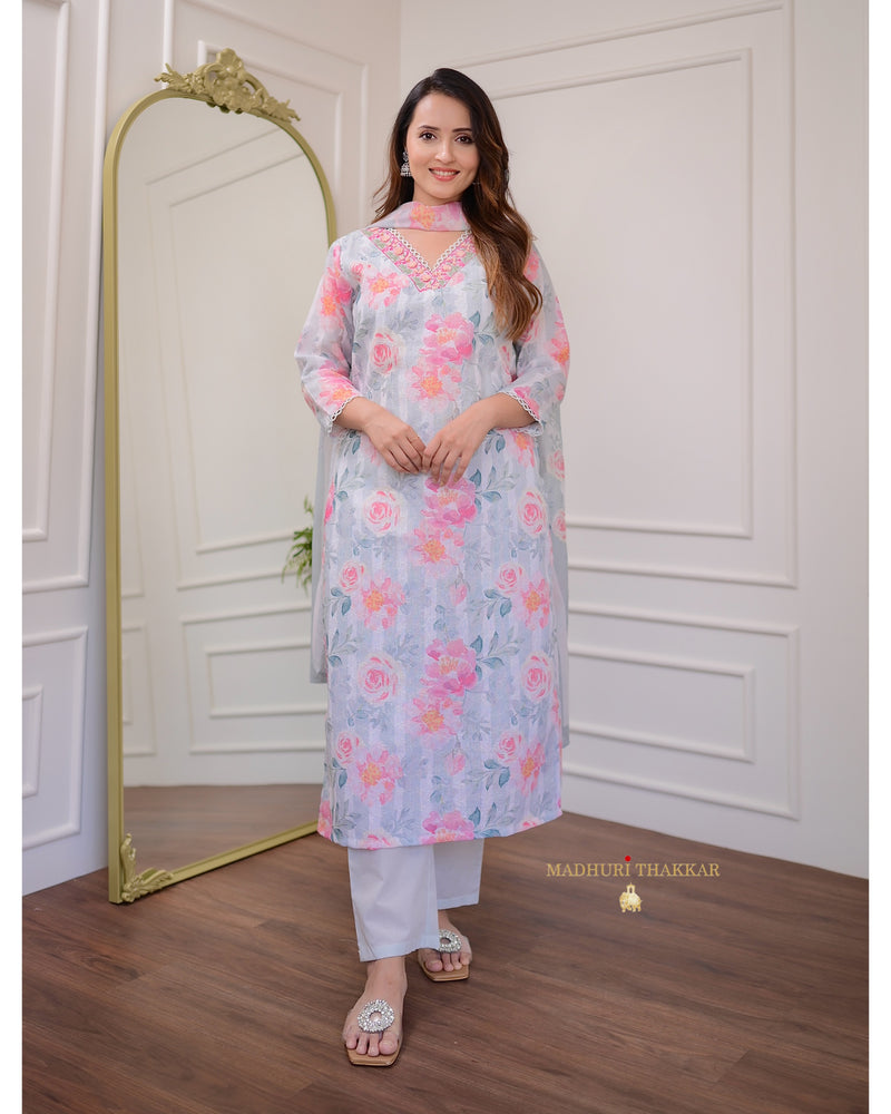 Grey Pink Rose Schiffli Cotton Suit