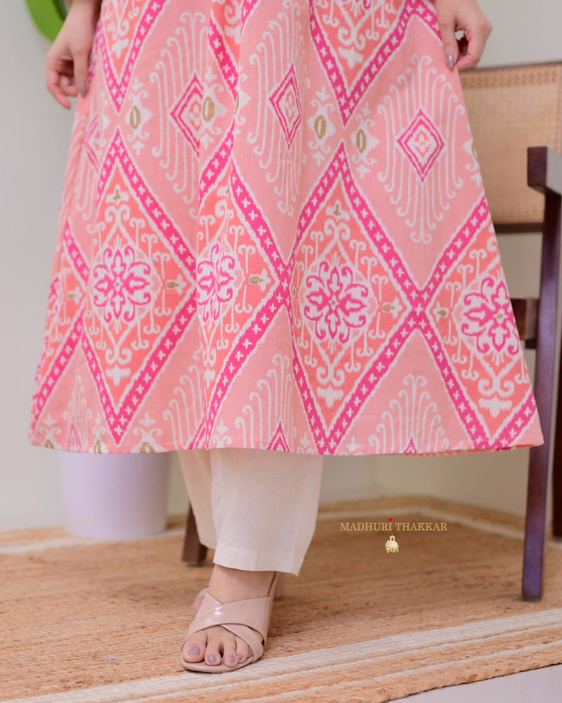 Peach Pink Baroque A Line Cotton Kurta Set