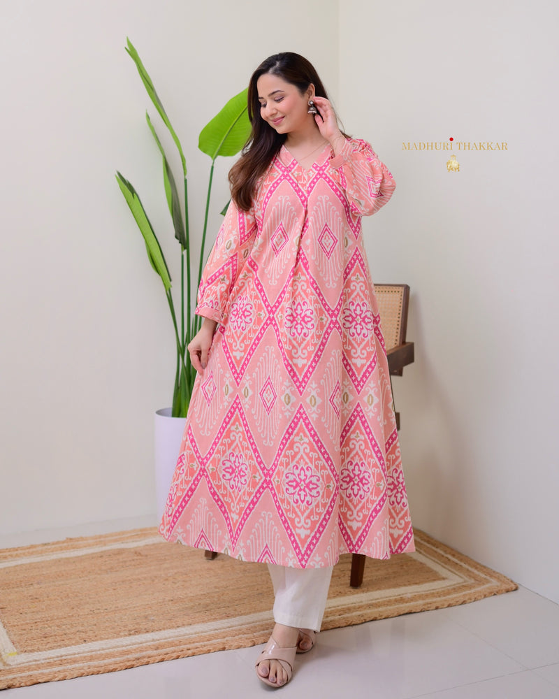 Peach Pink Baroque A Line Cotton Kurta Set