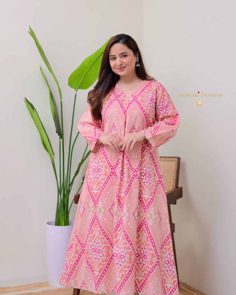 Peach Pink Baroque A Line Cotton Kurta Set